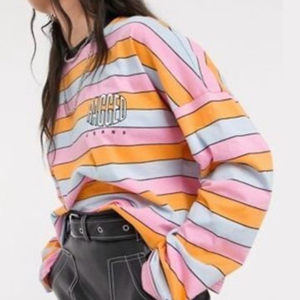 Ragged Priest Mix Striped Long Sleeve Cropped Shirt-Women’s L/XL-Y2K Streetwear